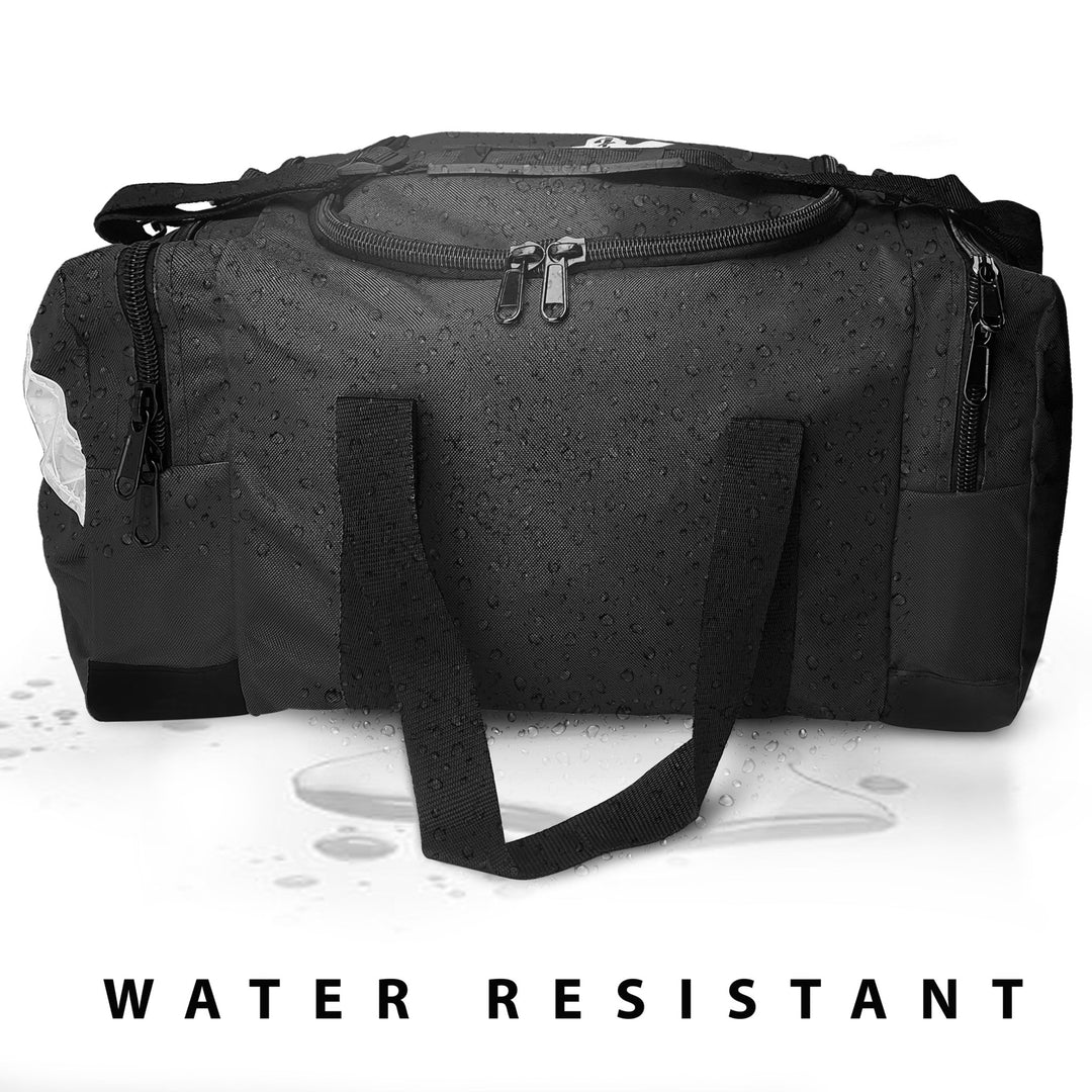 The black bag is shown covered in water droplets to demonstrate its durability, with the text "WATER RESISTANT" displayed in black letters below.