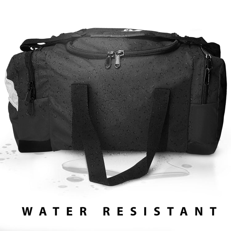 The black bag is shown covered in water droplets to demonstrate its durability, with the text "WATER RESISTANT" displayed in black letters below.