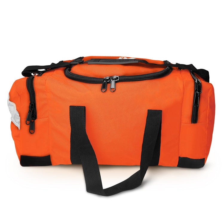 A straight-on front view of an orange EMS trauma bag, showing its black handle straps, dual-zippered main compartment, and side pockets with a reflective strip.