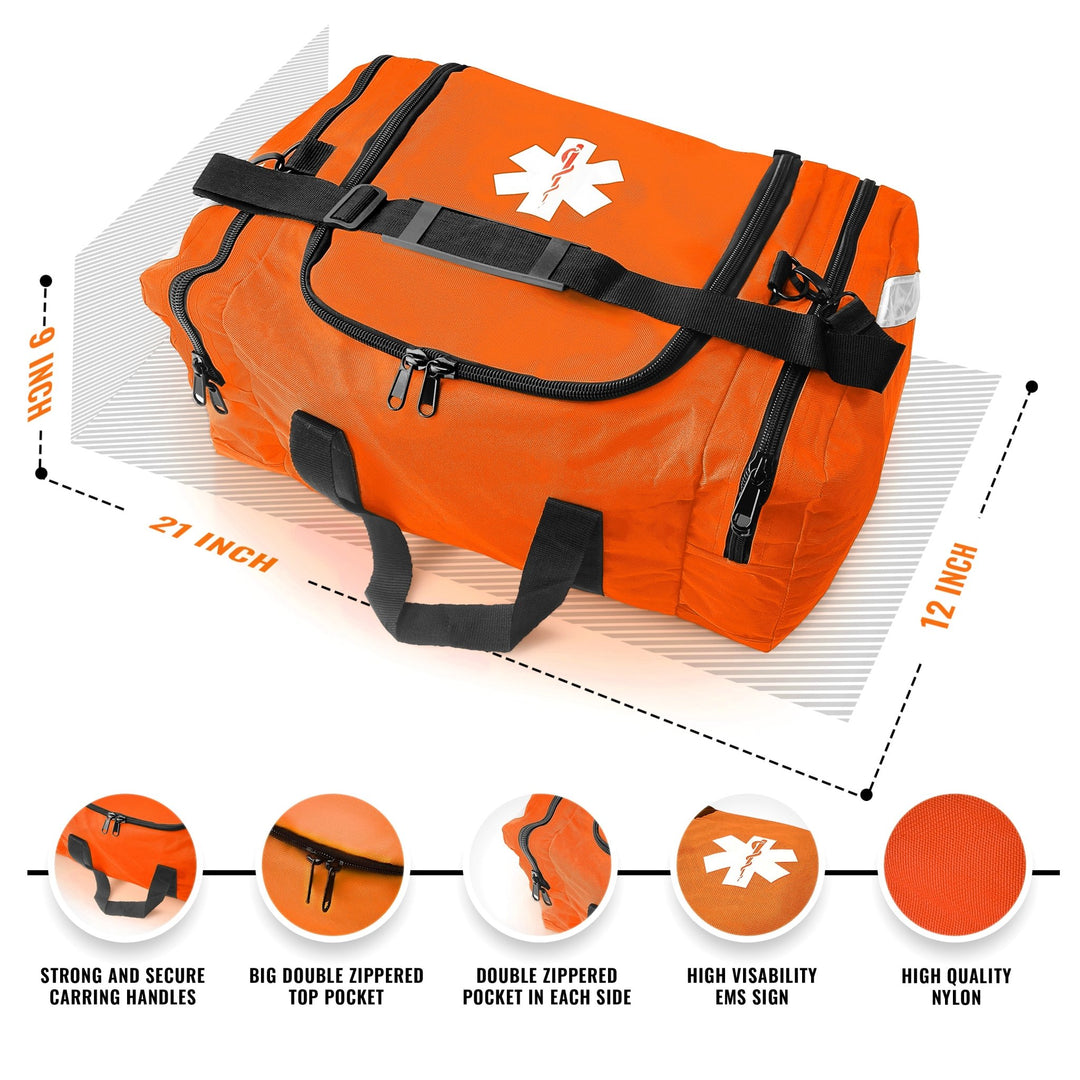 An infographic detailing the bag's dimensions (21" Length x 12" Width x 9" Height). Circular callouts highlight features such as "Strong and Secure Carrying Handles," "Big Double Zippered Top Pocket," "High Visibility EMS Sign," and "High Quality Nylon."