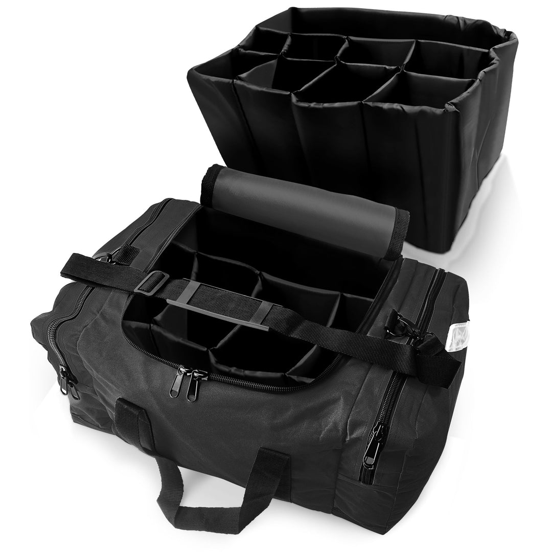The black medical bag shown open, with a black, removable internal organizer featuring adjustable dividers being lifted out above it.