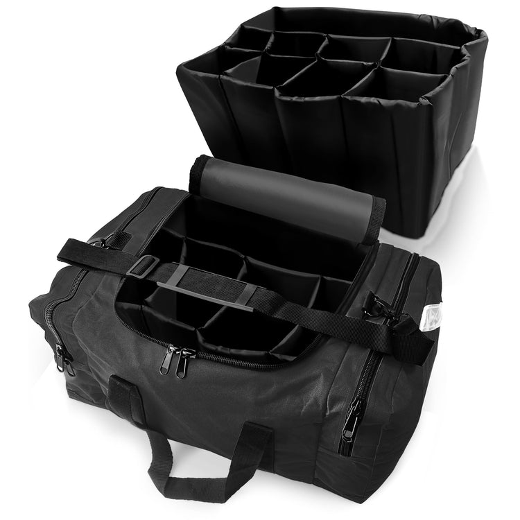 The black medical bag shown open, with a black, removable internal organizer featuring adjustable dividers being lifted out above it.