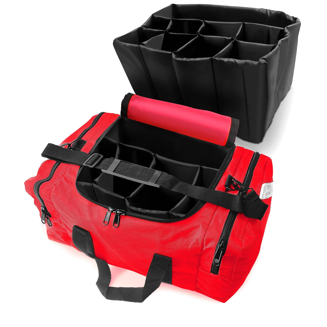The red medical bag shown open, with a black, removable internal organizer featuring adjustable dividers being lifted out above it.