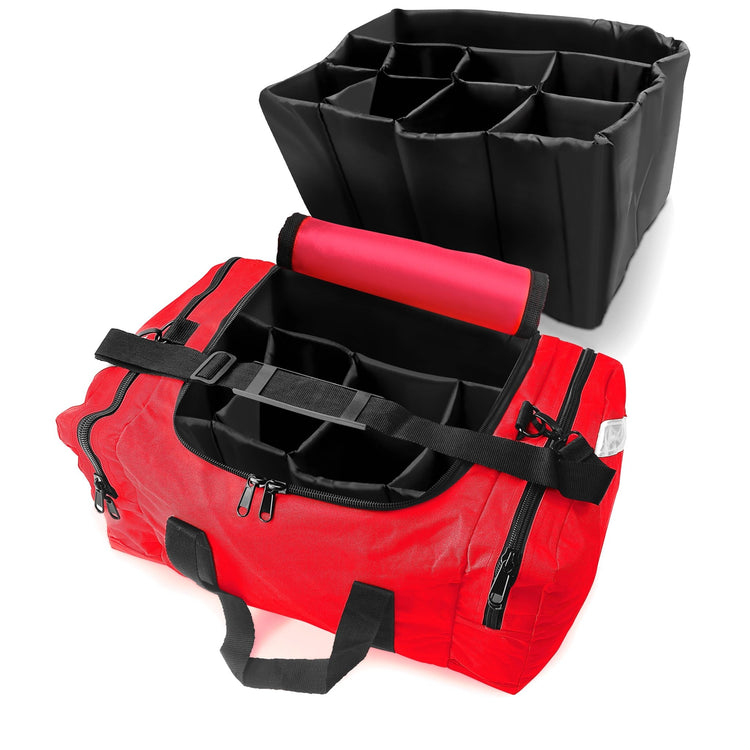 The red medical bag shown open, with a black, removable internal organizer featuring adjustable dividers being lifted out above it.