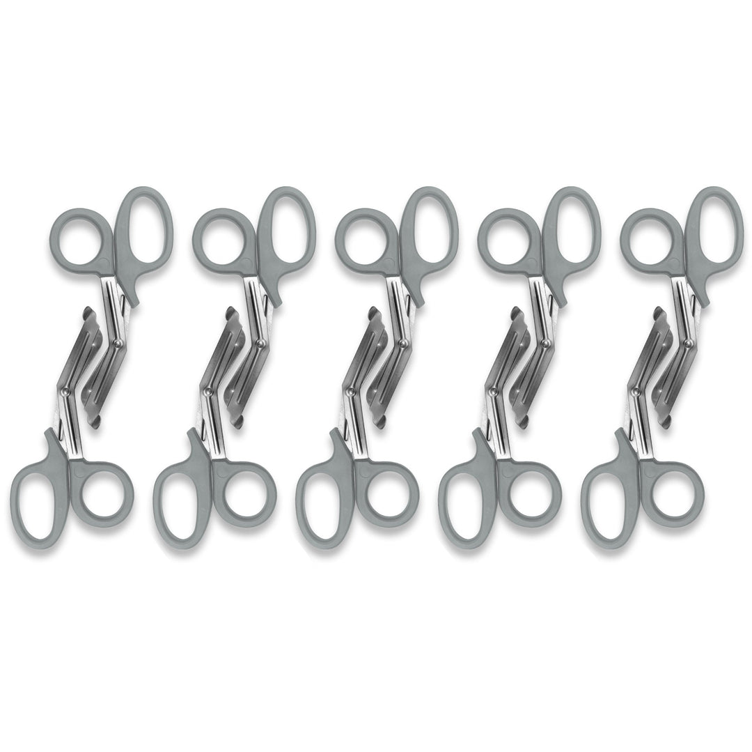 A pattern created by five pairs of gray trauma shears arranged in a row against a white background. The shears are identical, with gray plastic handles and stainless steel blades.