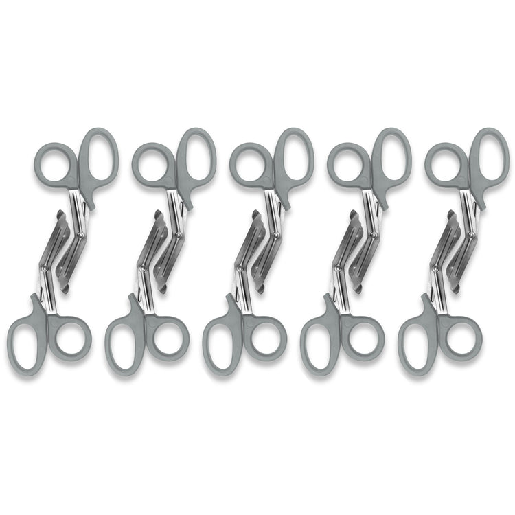 A pattern created by five pairs of gray trauma shears arranged in a row against a white background. The shears are identical, with gray plastic handles and stainless steel blades.