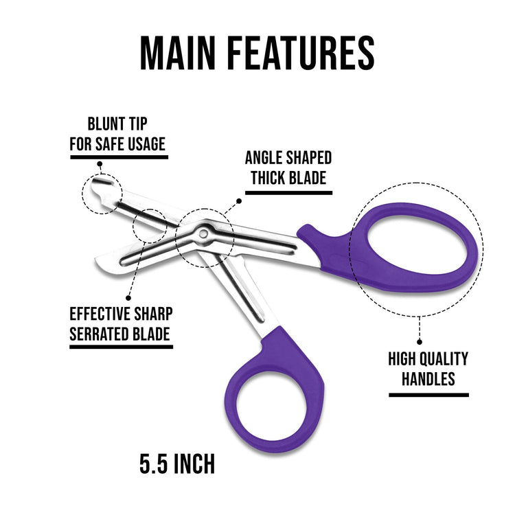 An infographic titled "MAIN FEATURES" displaying a pair of purple-handled trauma shears. Text labels point to specific parts: "Blunt Tip for Safe Usage," "Angle Shaped Thick Blade," "Effective Sharp Serrated Blade," "High Quality Handles," and a length of "7.5 Inch".