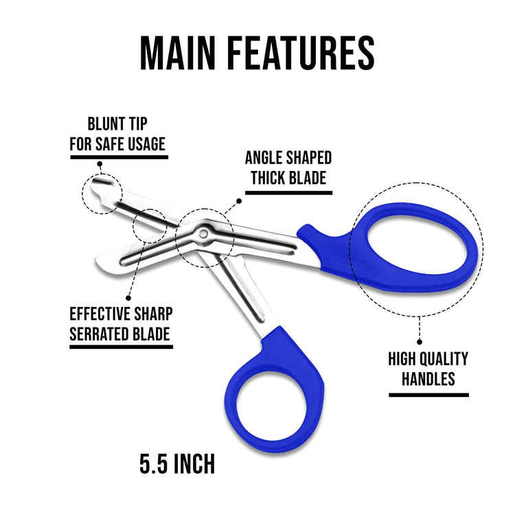 An infographic titled "MAIN FEATURES" displaying a pair of royal blue-handled trauma shears. Text labels point to specific parts: "Blunt Tip for Safe Usage," "Angle Shaped Thick Blade," "Effective Sharp Serrated Blade," "High Quality Handles," and a length of "7.5 Inch".