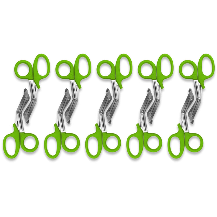 A pattern created by five pairs of light green trauma shears arranged in a row against a white background. The shears are identical, with light green plastic handles and stainless steel blades.