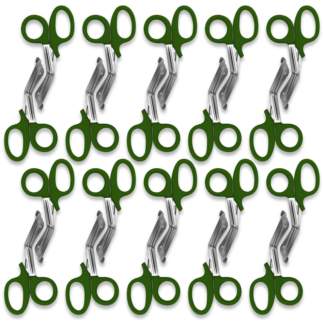 A pattern created by ten pairs of olive green trauma shears arranged in two rows against a white background. The shears are identical, with olive green plastic handles and stainless steel blades.