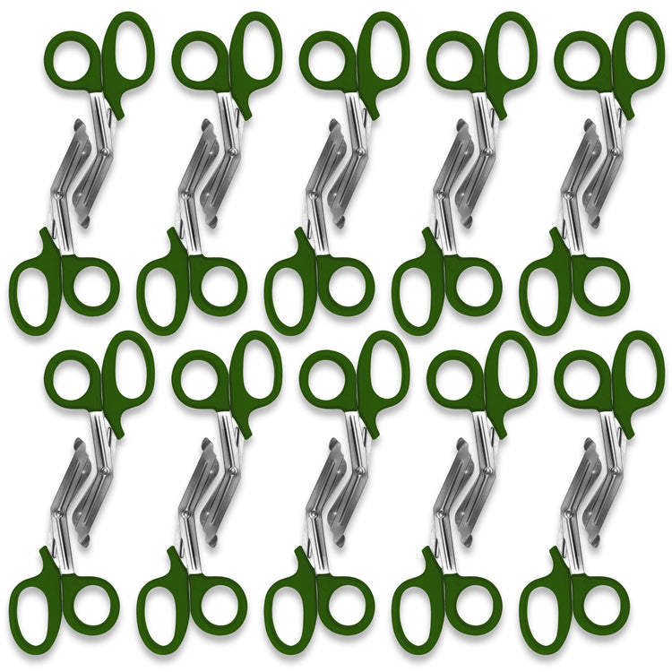 A pattern created by ten pairs of olive green trauma shears arranged in two rows against a white background. The shears are identical, with olive green plastic handles and stainless steel blades.