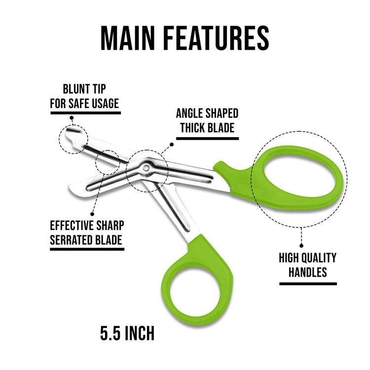 An infographic titled "MAIN FEATURES" displaying a pair of light green-handled trauma shears. Text labels point to specific parts: "Blunt Tip for Safe Usage," "Angle Shaped Thick Blade," "Effective Sharp Serrated Blade," "High Quality Handles," and a length of "7.5 Inch".