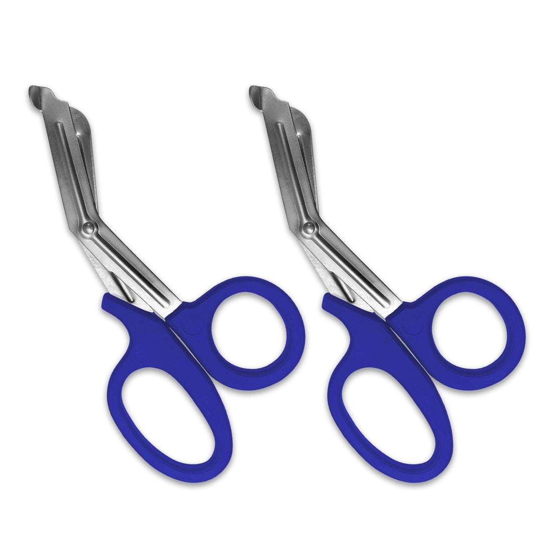 A pair of royal blue trauma shears against a white background. The shears are identical, with royal blue plastic handles and stainless steel blades.