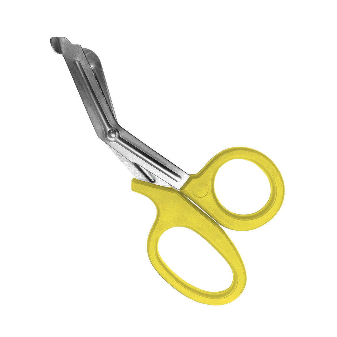 A yellow trauma shears against a white background. with yellow plastic handles and stainless steel blades.
