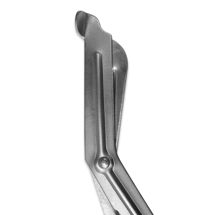 A close-up, black-and-white style image of the metal blades of the shears. It details the serrated cutting edge and the blunt, flat tip designed to slide under clothing safely.