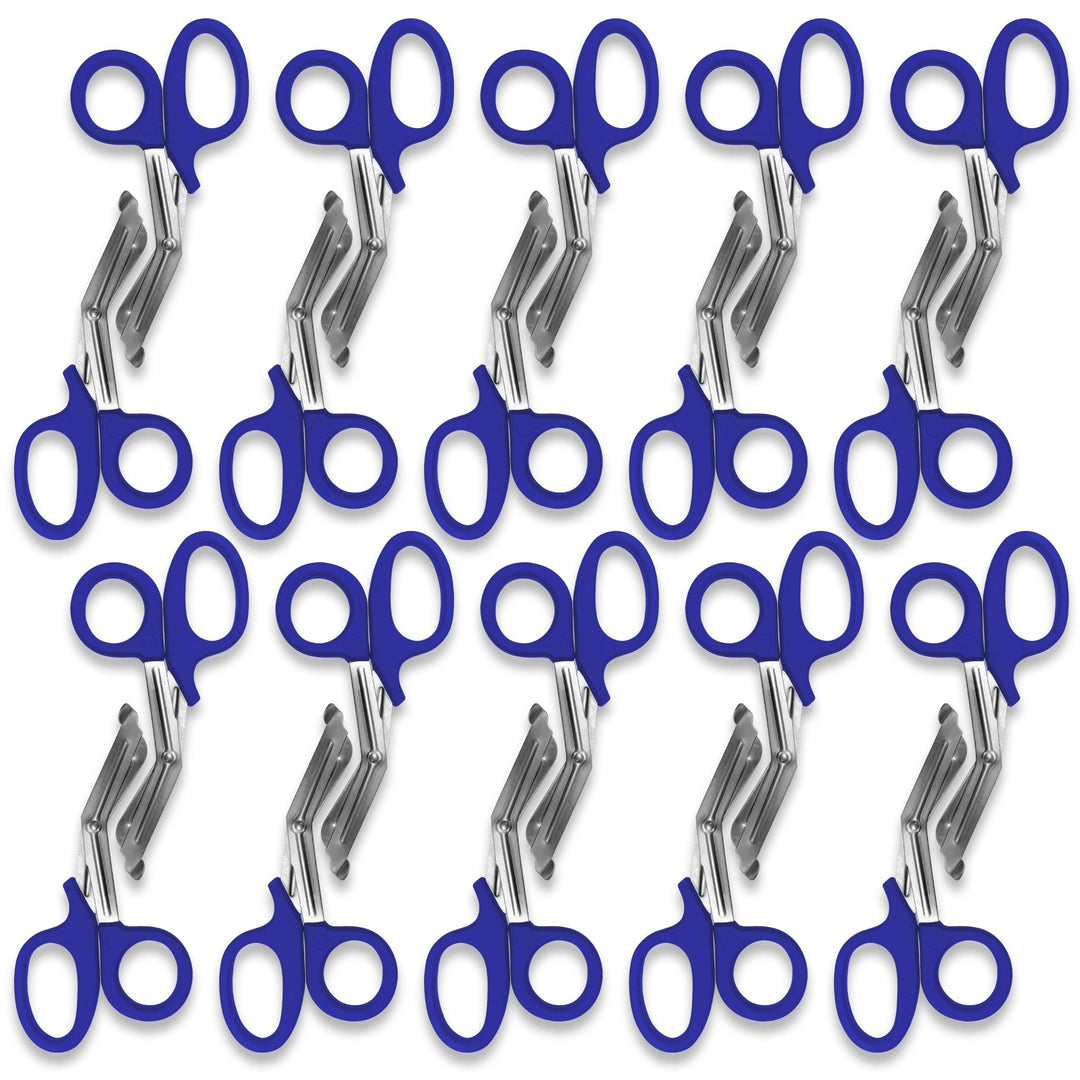 A pattern created by ten pairs of royal blue trauma shears arranged in two rows against a white background. The shears are identical, with royal blue plastic handles and stainless steel blades.