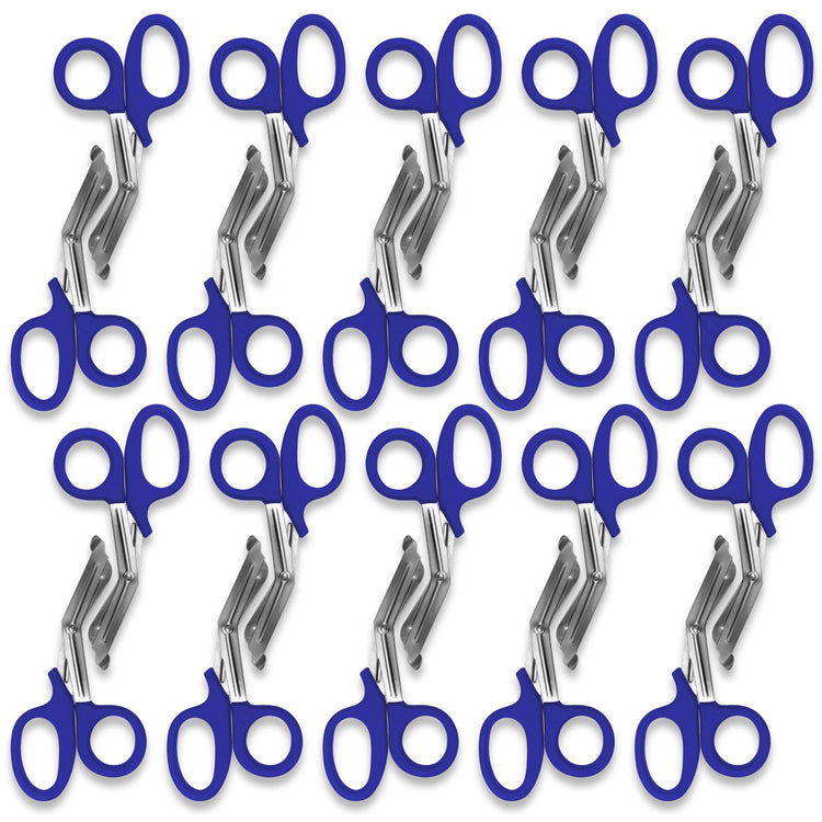 A pattern created by ten pairs of royal blue trauma shears arranged in two rows against a white background. The shears are identical, with royal blue plastic handles and stainless steel blades.