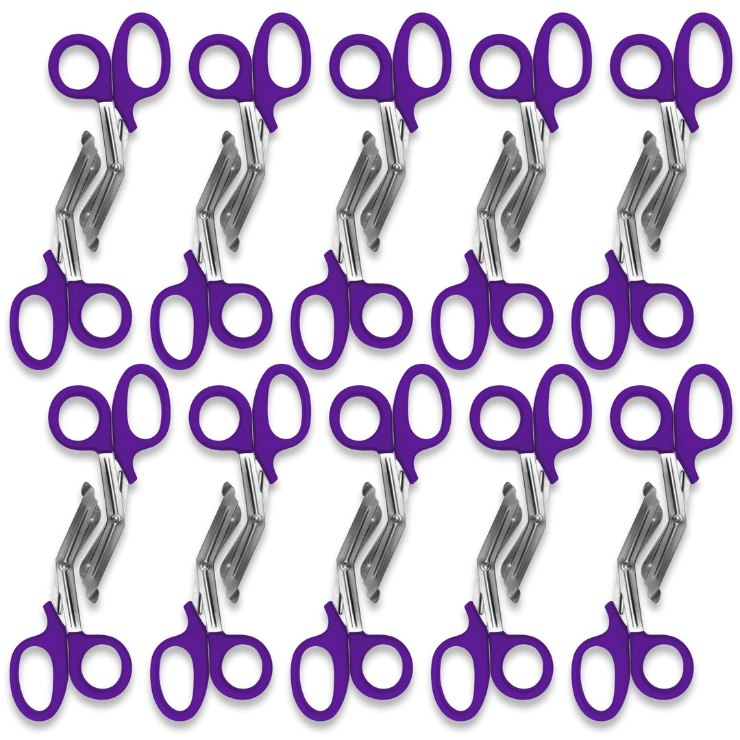A pattern created by ten pairs of purple trauma shears arranged in two rows against a white background. The shears are identical, with purple plastic handles and stainless steel blades.