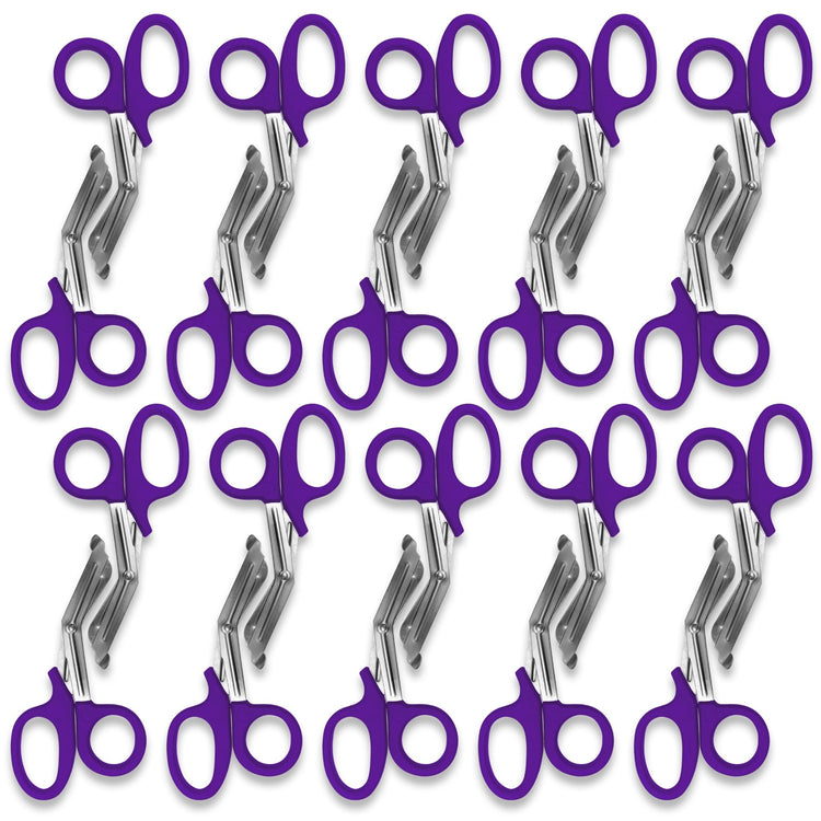 A pattern created by ten pairs of purple trauma shears arranged in two rows against a white background. The shears are identical, with purple plastic handles and stainless steel blades.