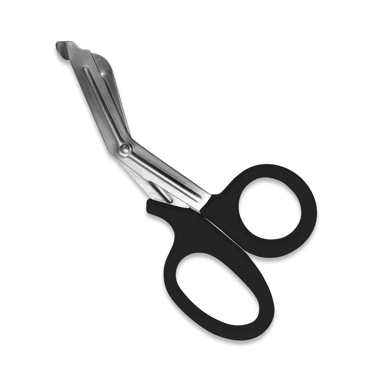 A black trauma shears against a white background. with black plastic handles and stainless steel blades.