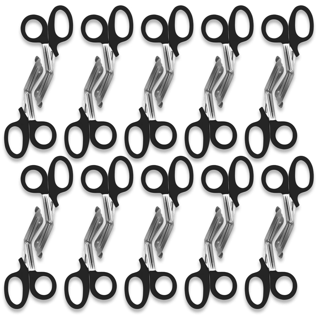 A pattern created by ten pairs of  black trauma shears arranged in two rows against a white background. The shears are identical, with black plastic handles and stainless steel blades.