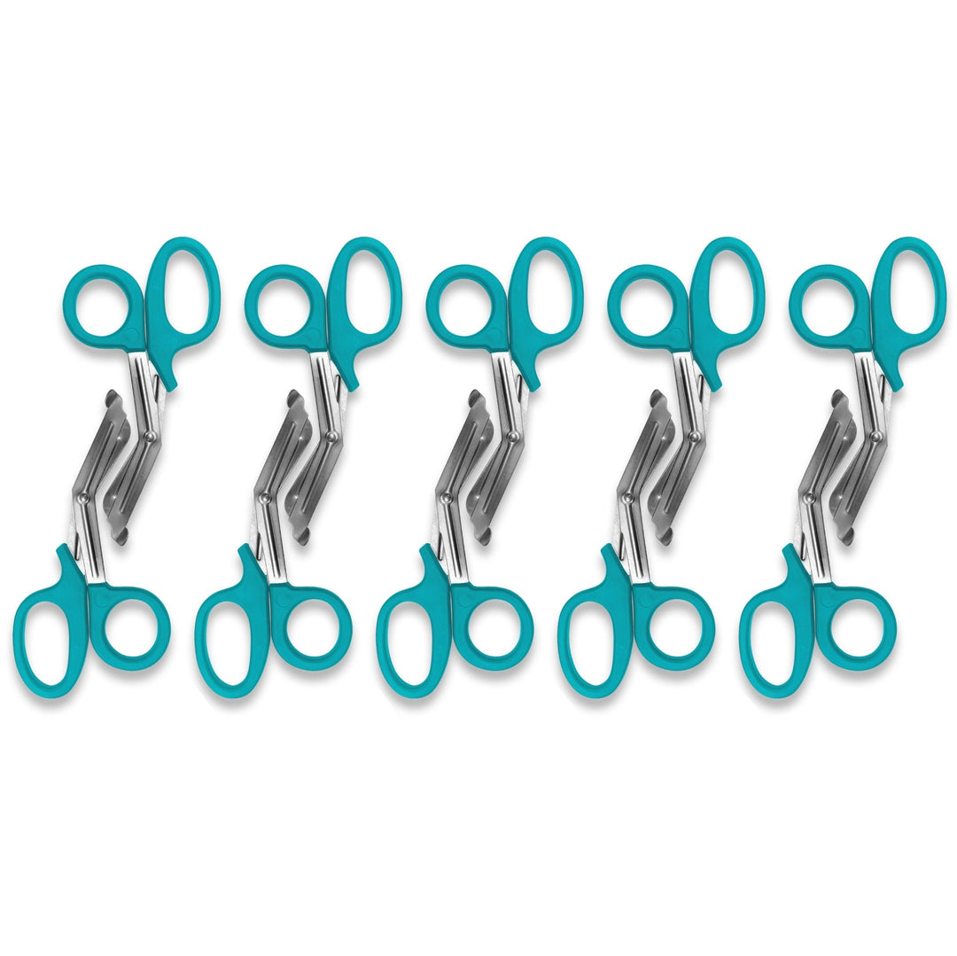 A pattern created by five pairs of teal trauma shears arranged in a row against a white background. The shears are identical, with teal plastic handles and stainless steel blades.