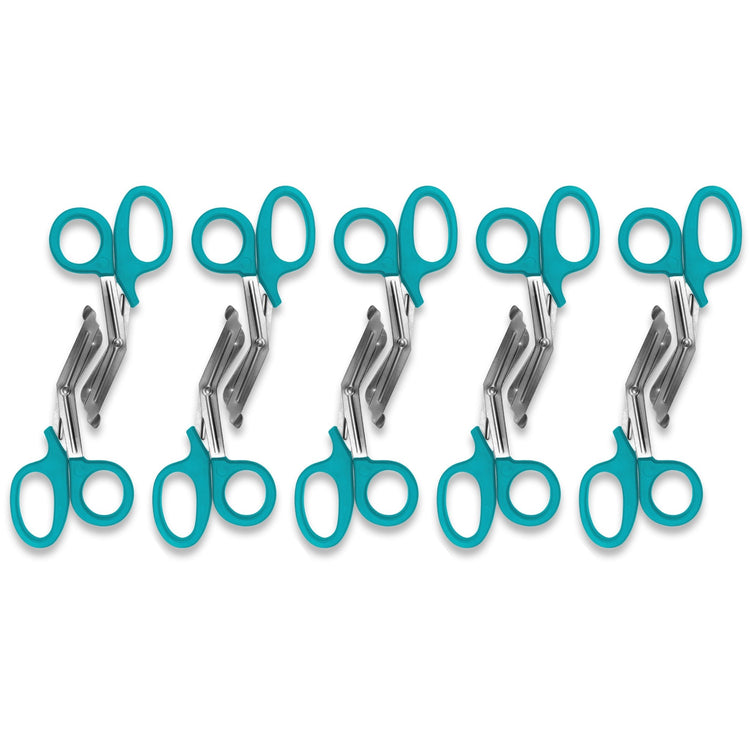 A pattern created by five pairs of teal trauma shears arranged in a row against a white background. The shears are identical, with teal plastic handles and stainless steel blades.