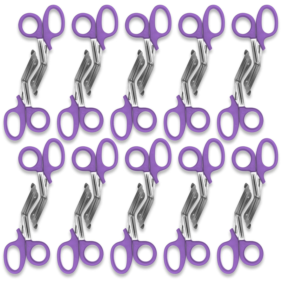 A pattern created by ten pairs of lavender trauma shears arranged in two rows against a white background. The shears are identical, with lavender plastic handles and stainless steel blades.