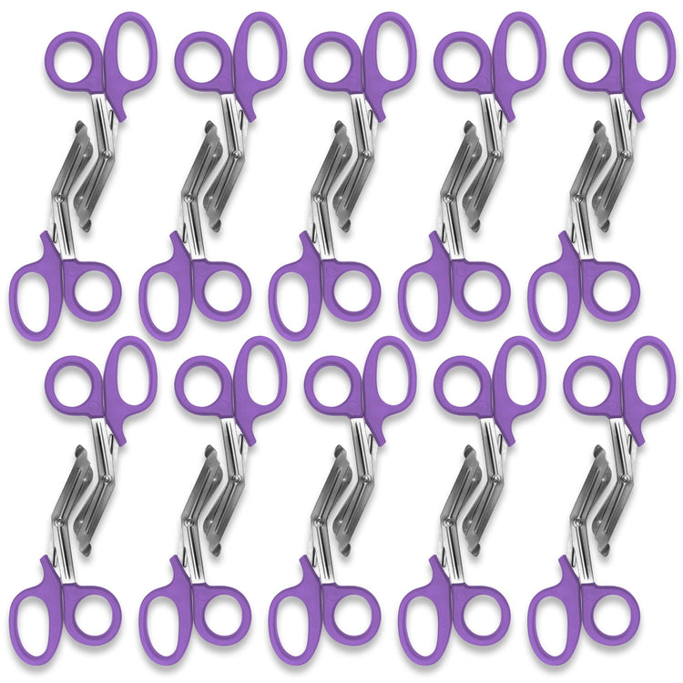 A pattern created by ten pairs of lavender trauma shears arranged in two rows against a white background. The shears are identical, with lavender plastic handles and stainless steel blades.