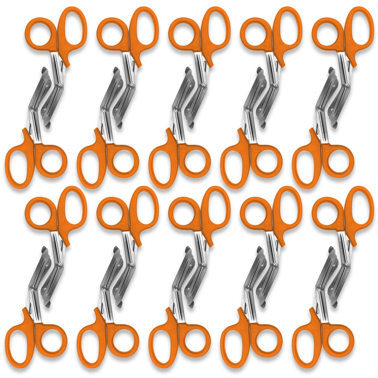 A pattern created by ten pairs of  orange trauma shears arranged in two rows against a white background. The shears are identical, with orange plastic handles and stainless steel blades.