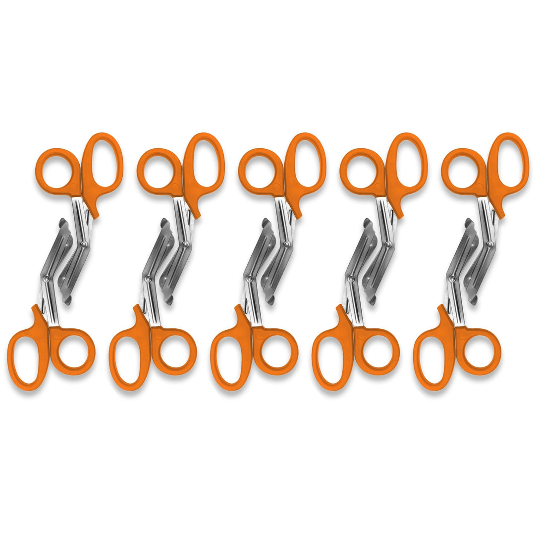 A pattern created by five pairs of orange trauma shears arranged in a row against a white background. The shears are identical, with orange plastic handles and stainless steel blades.
