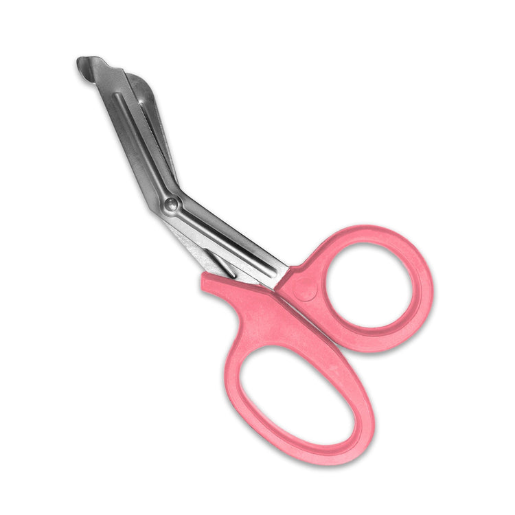 A pink trauma shears against a white background. with pink plastic handles and stainless steel blades.
