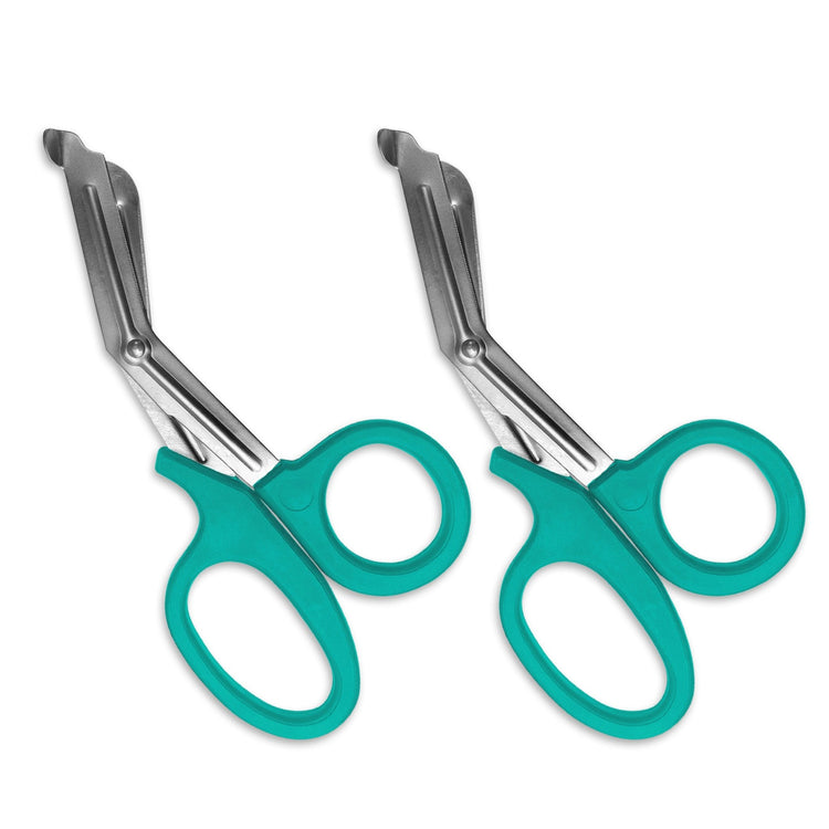 A pair of turquoise trauma shears against a white background. The shears are identical, with turquoise plastic handles and stainless steel blades.