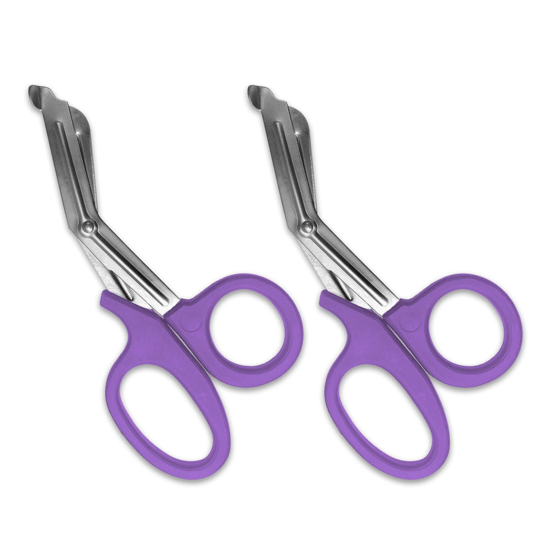 A pair of lavender trauma shears against a white background. The shears are identical, with lavender plastic handles and stainless steel blades.