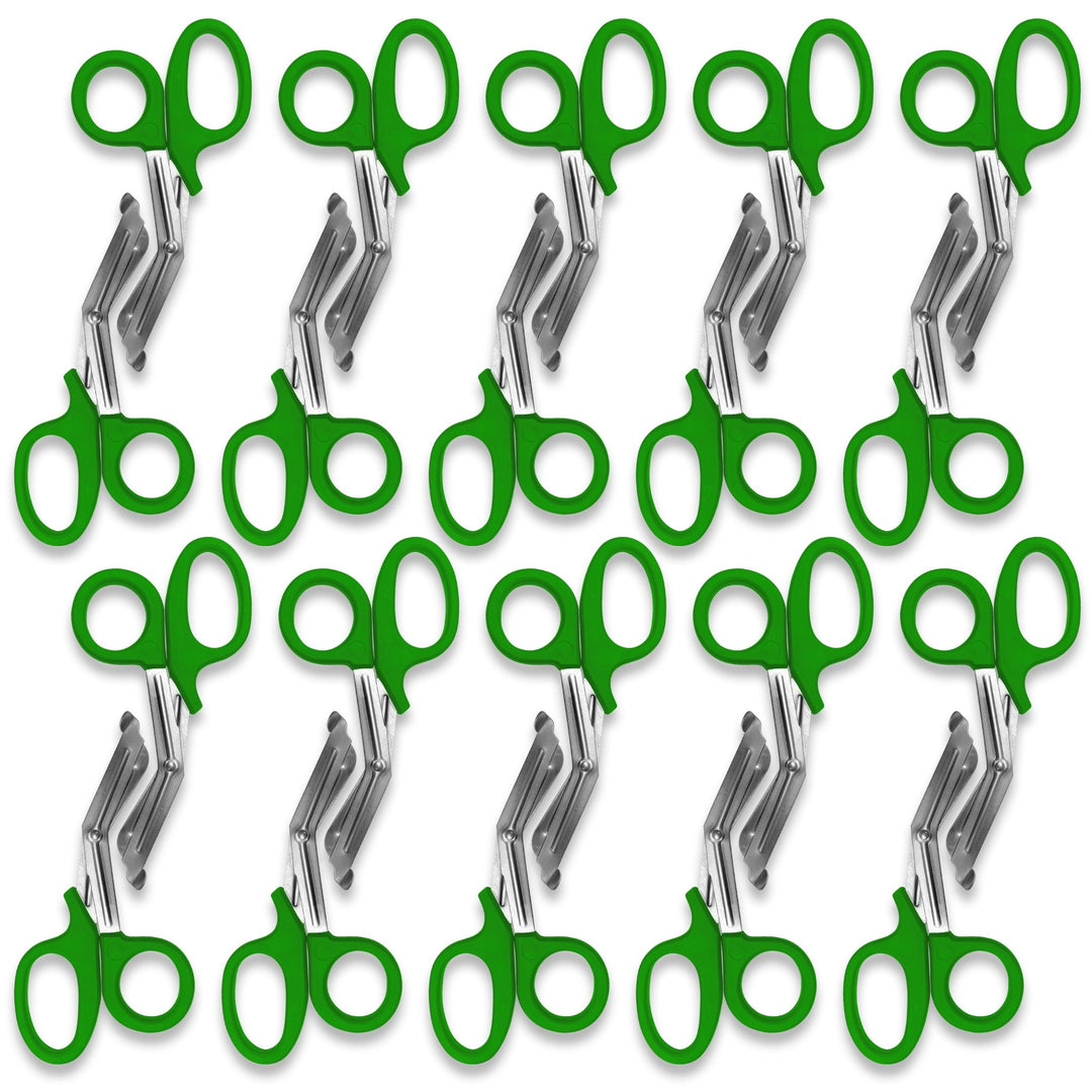 A pattern created by ten pairs of green trauma shears arranged in two rows against a white background. The shears are identical, with green plastic handles and stainless steel blades.