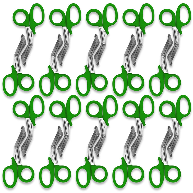 A pattern created by ten pairs of green trauma shears arranged in two rows against a white background. The shears are identical, with green plastic handles and stainless steel blades.