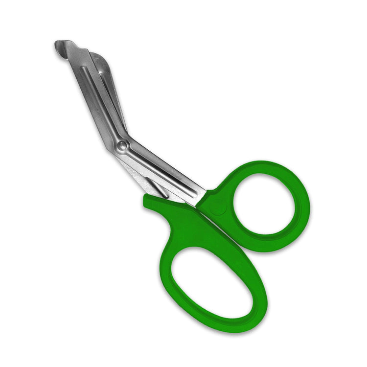 A green trauma shears against a white background. with green plastic handles and stainless steel blades.