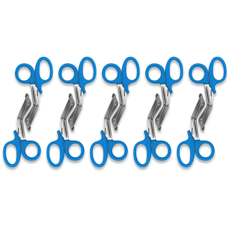A pattern created by five pairs of sea breeze trauma shears arranged in a row against a white background. The shears are identical, with sea breeze plastic handles and stainless steel blades.