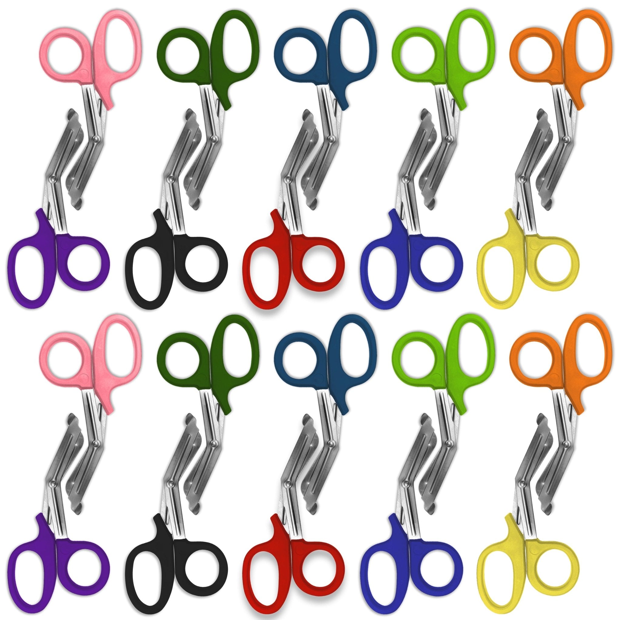 A pattern created by ten pairs of assorted colors trauma shears arranged in two rows against a white background. The shears are identical, with assorted colors plastic handles and stainless steel blades.
