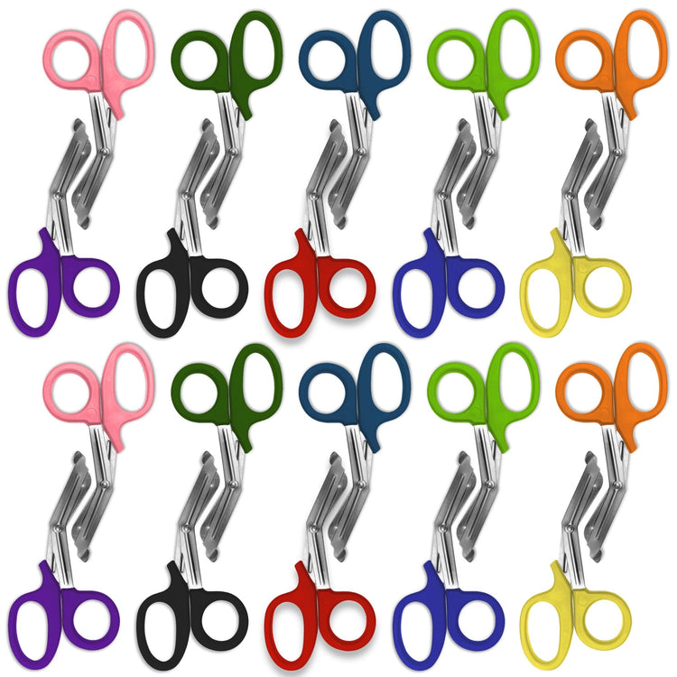 A pattern created by ten pairs of assorted colors trauma shears arranged in two rows against a white background. The shears are identical, with assorted colors plastic handles and stainless steel blades.
