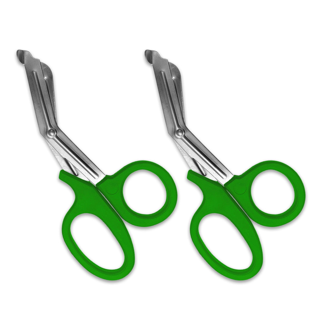 A pair of green trauma shears against a white background. The shears are identical, with green plastic handles and stainless steel blades.