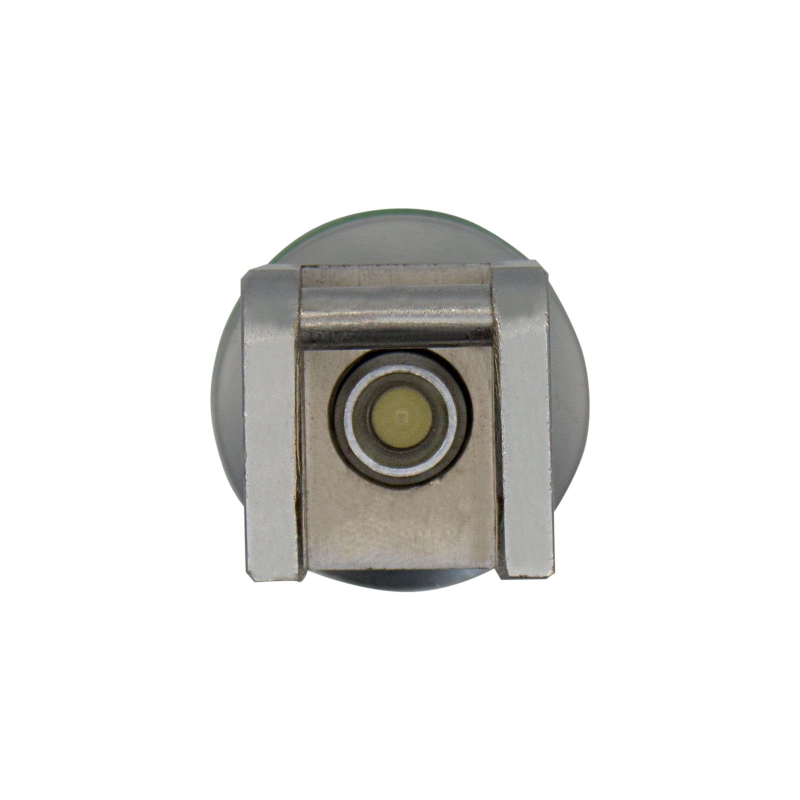 A top-down view of the laryngoscope handle head, displaying the central electrical contact point and the metal bar for locking the blade in place.