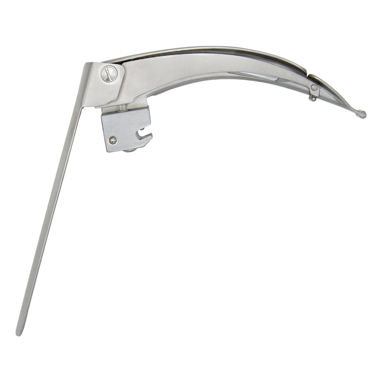 A side profile view of a stainless steel flexible-tip laryngoscope blade, detailing the lever component on the posterior side.