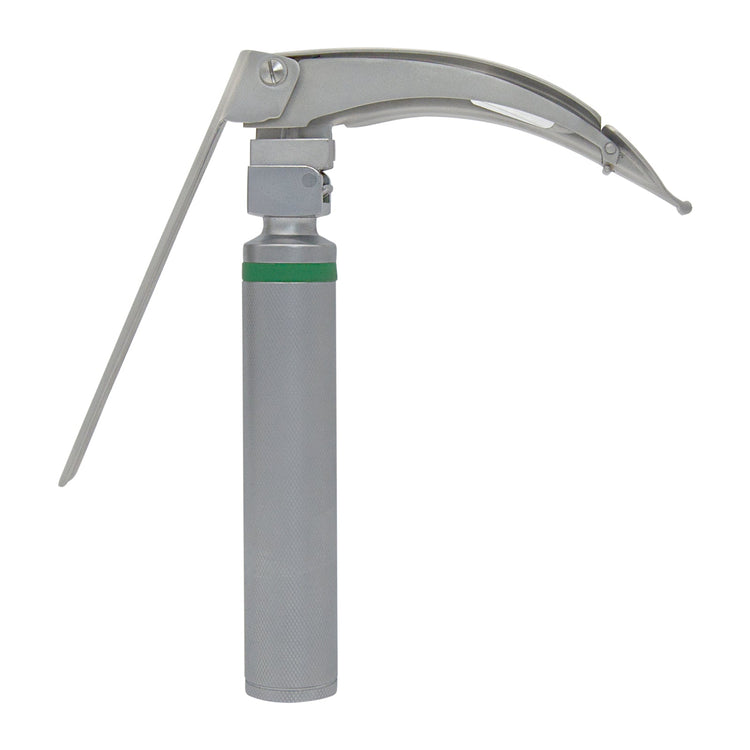 A side profile of an assembled articulating laryngoscope, displaying the lever mechanism on the back of the blade used to control the flexible tip.