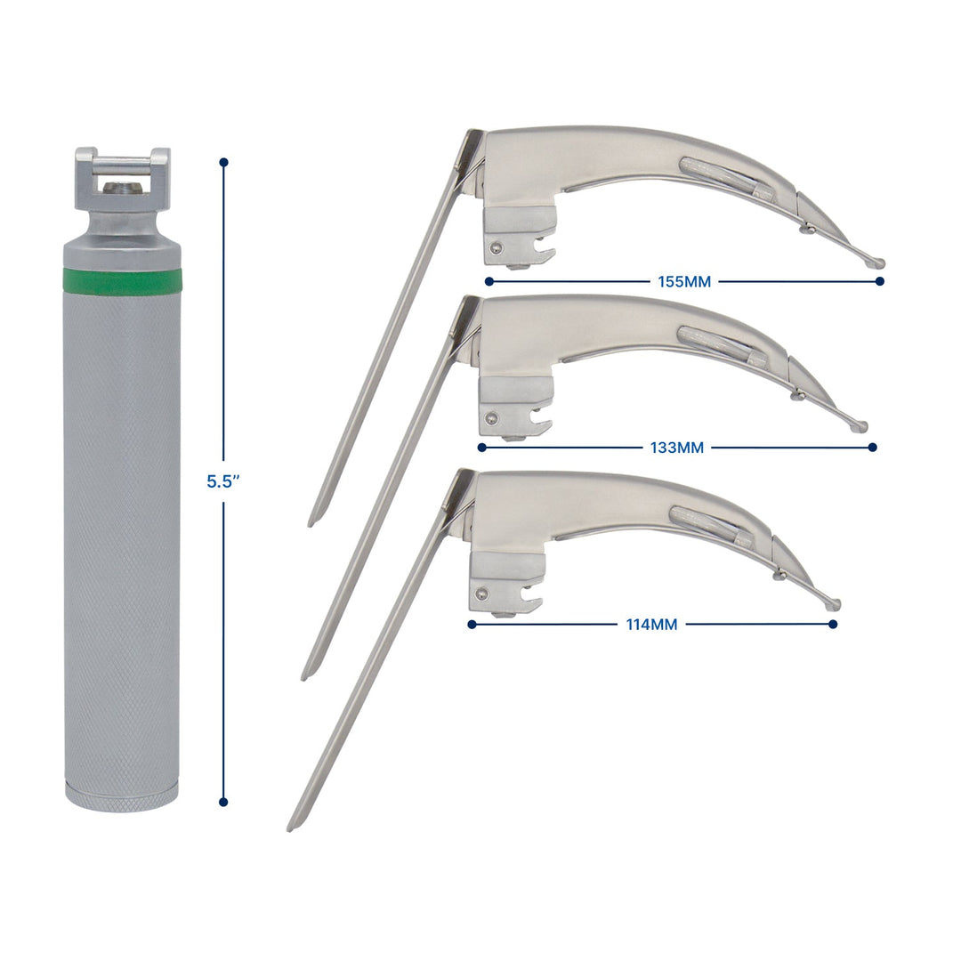 A dimension diagram showing a laryngoscope handle with a height label of 5.5 inches alongside three McCoy blades with lengths marked as 155mm, 133mm, and 114mm.