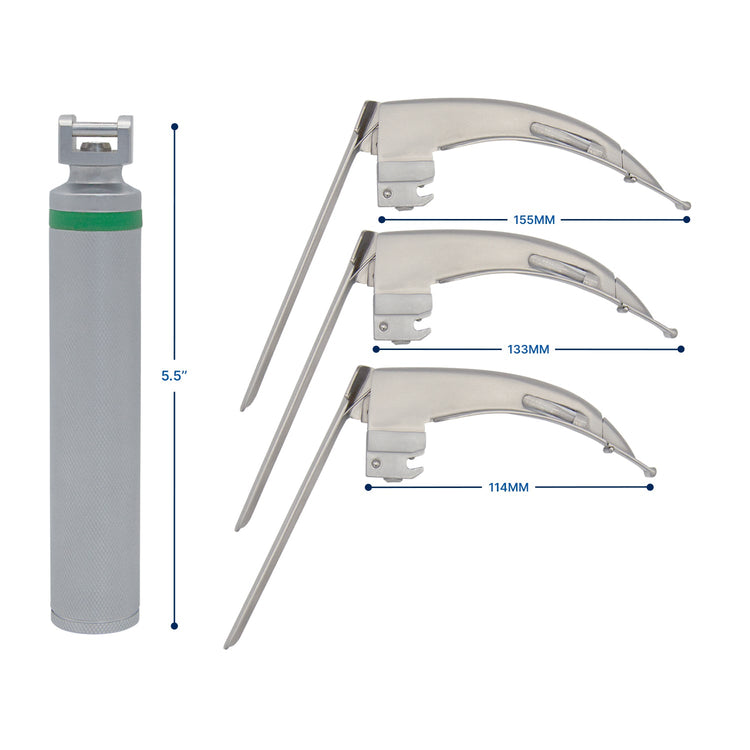 A dimension diagram showing a laryngoscope handle with a height label of 5.5 inches alongside three McCoy blades with lengths marked as 155mm, 133mm, and 114mm.