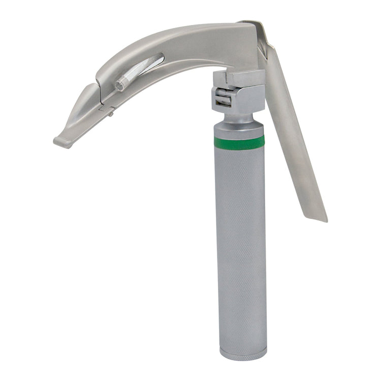 An angled view of a medical laryngoscope with an articulating blade, showing the lever arm extending along the back of the blade.