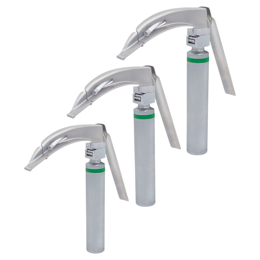 Three assembled McCoy laryngoscopes arranged in a staggered row, displaying the silver handles with green bands and the attached articulating blades with their lever mechanisms clearly visible.