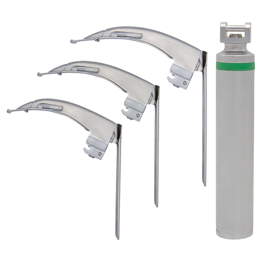 A product display featuring a single silver laryngoscope handle standing upright on the right, positioned next to a vertical stack of three detached McCoy articulating blades.