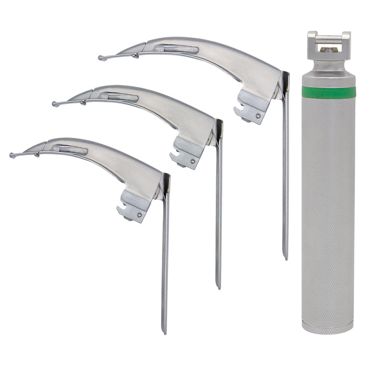 A product display featuring a single silver laryngoscope handle standing upright on the right, positioned next to a vertical stack of three detached McCoy articulating blades.
